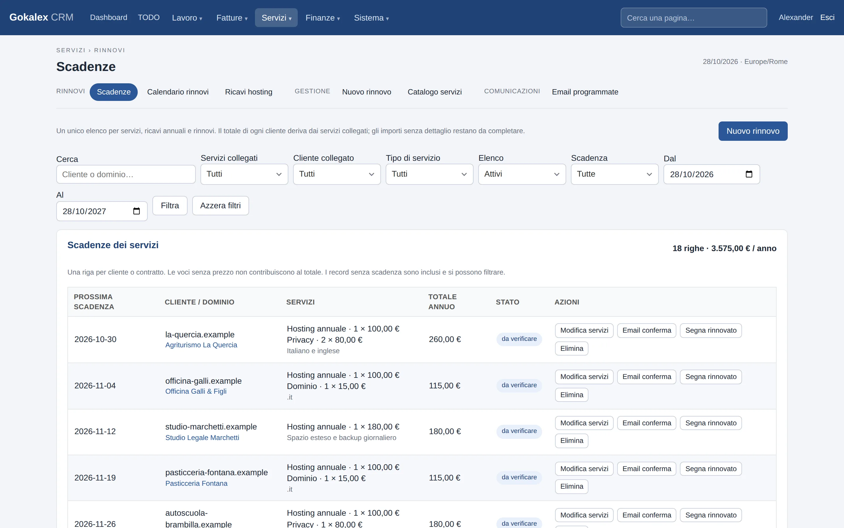 Hosting, domain and privacy renewals per client, with the yearly total