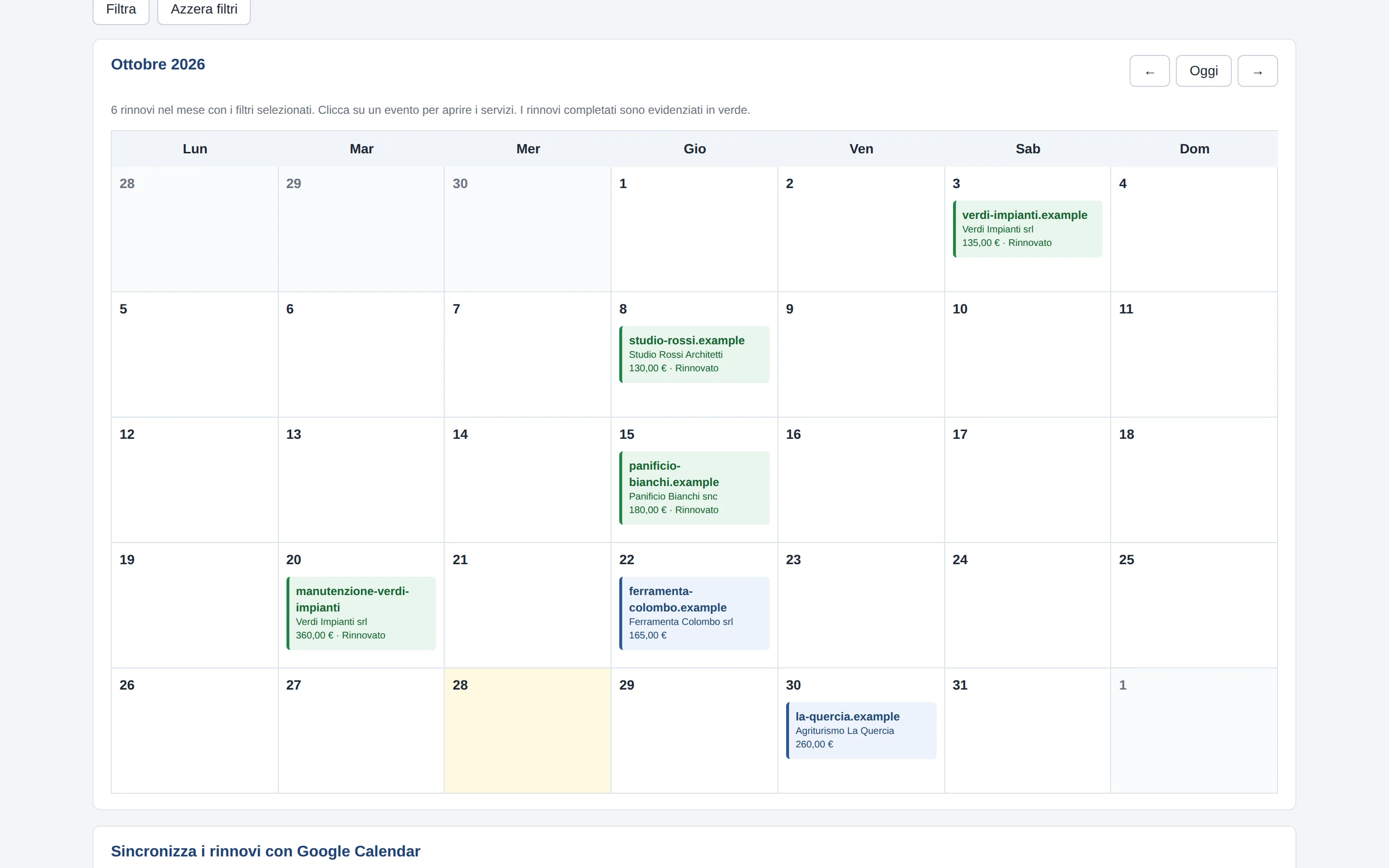 Calendar of the month's renewals
