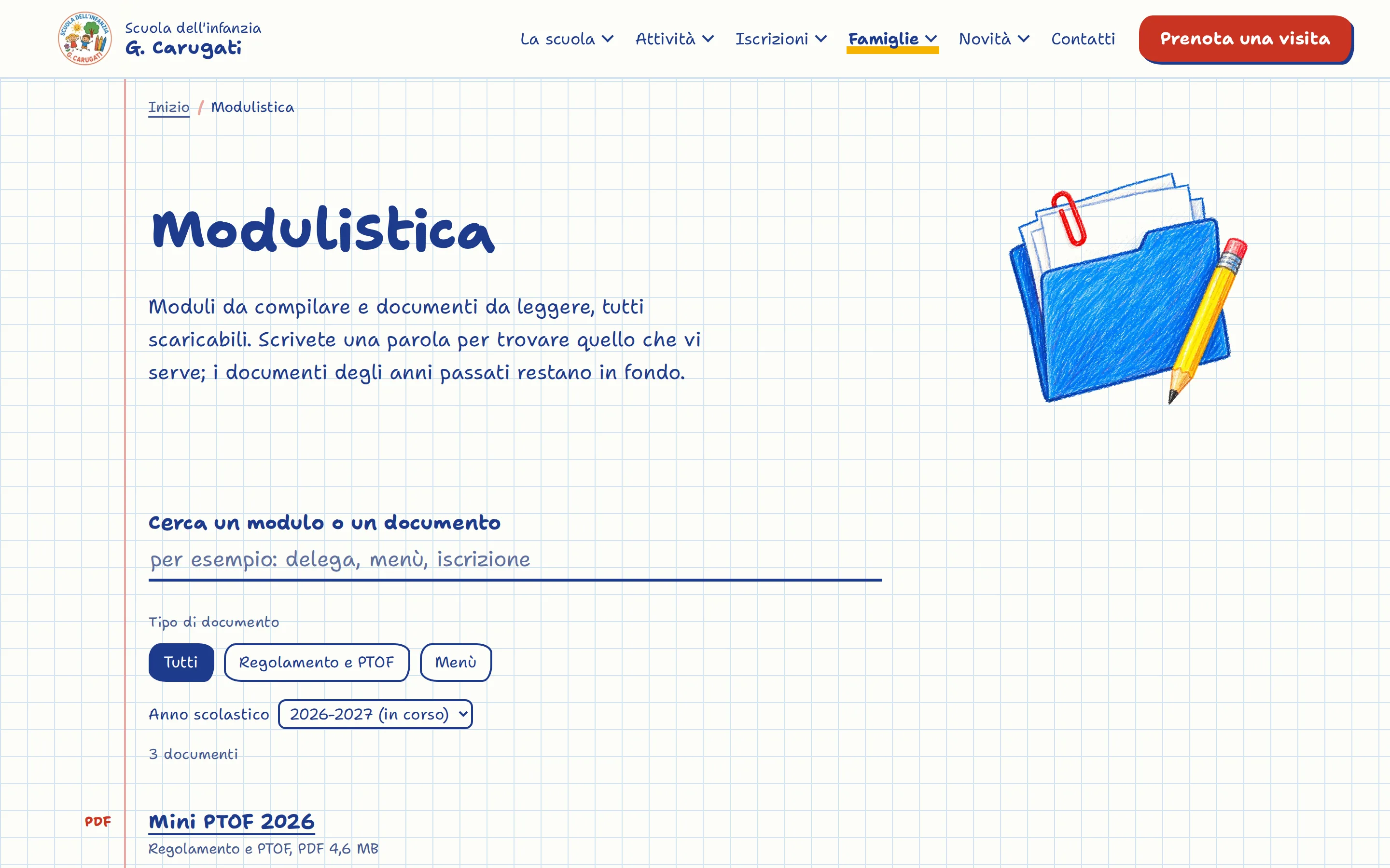 The forms page, with search and filters by document type and school year