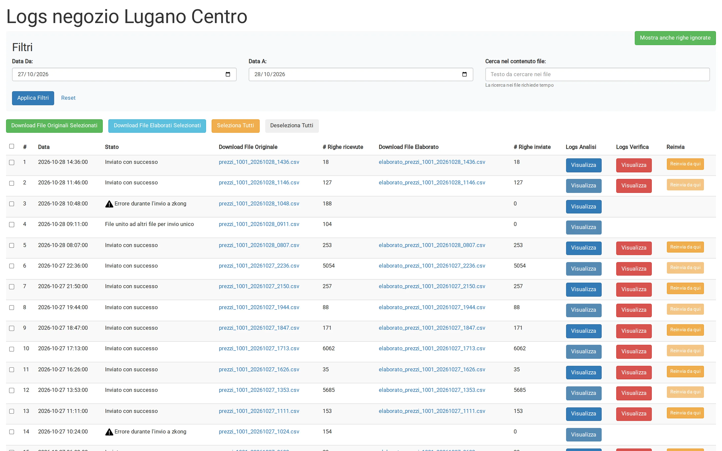 Back office: price files received over FTP for a shop, with rows received and sent