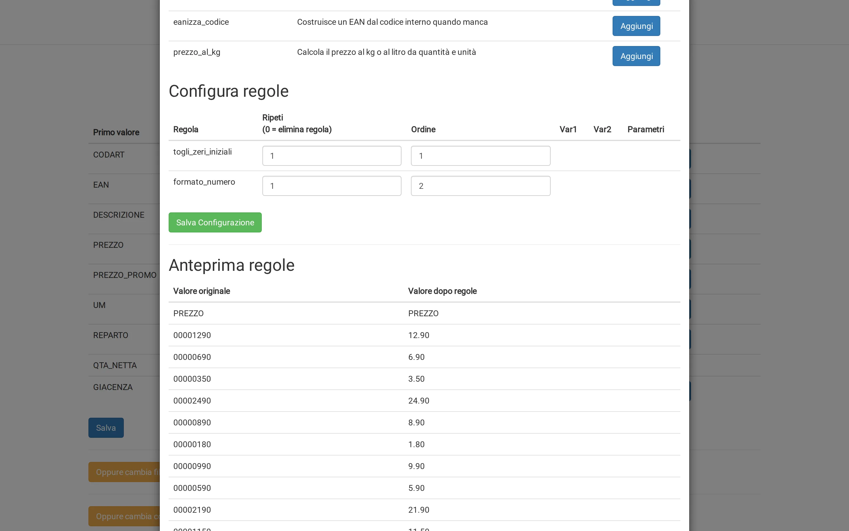 Back office: chained rules on a price list column, with a preview of the result